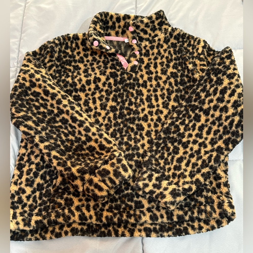 Gap Kids leopard print teddy sherpa quarter button up pullover size XXL